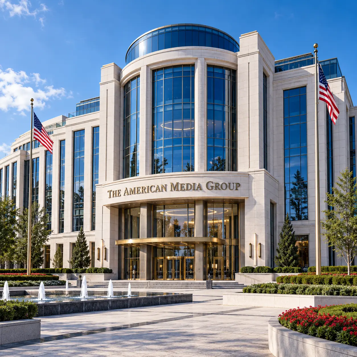 The American Media Group displayed on a corporate building